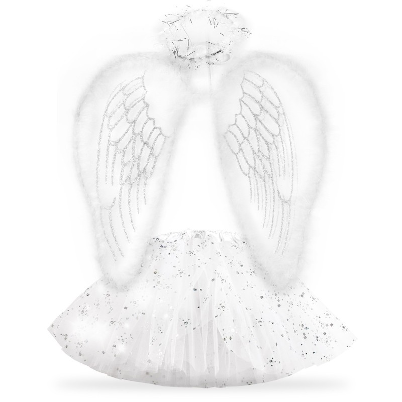 Anioł strój Aniołka Spódniczka tutu w połyskujące figurki skrzydełka aureolka