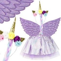 Pegaz fiolet brokat komplet skrzydła opaska jednorożec warkocz