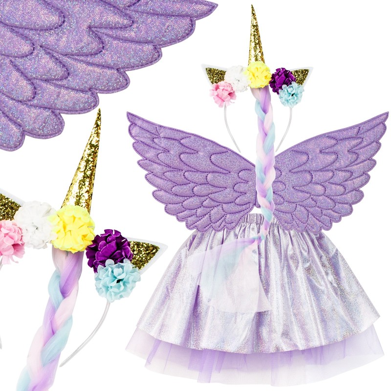 Pegaz fiolet brokat komplet skrzydła opaska jednorożec warkocz