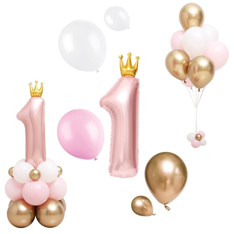 Balon Cyfra z koroną roczek róż