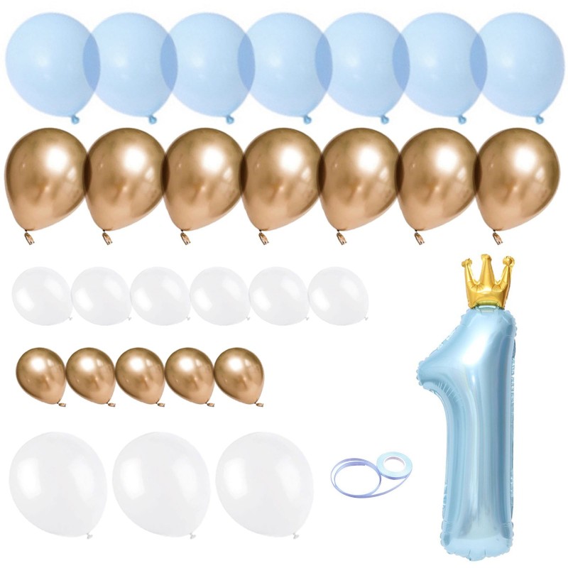 Balon Cyfra 1 z koroną roczek niebieski