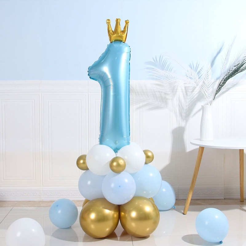 Balon Cyfra 1 z koroną roczek niebieski