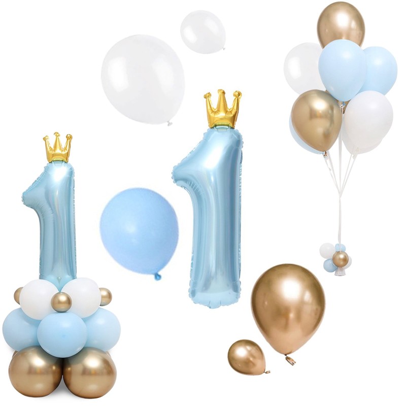 Balon Cyfra 1 z koroną roczek niebieski