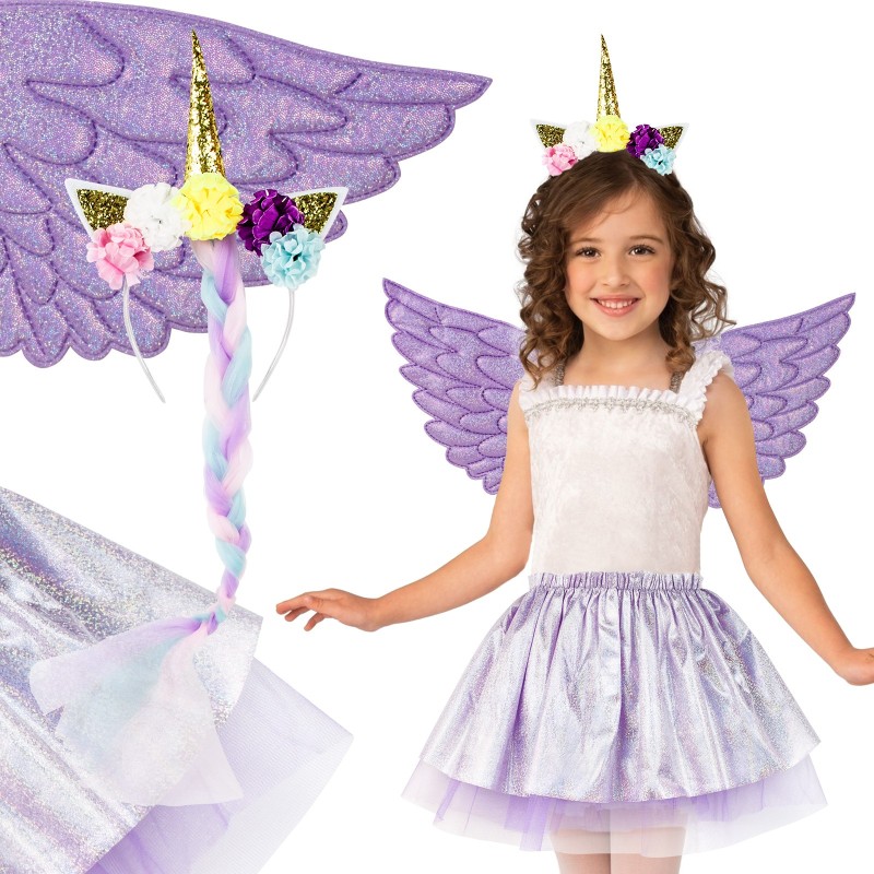 Pegaz fiolet brokat komplet skrzydła opaska jednorożec warkocz