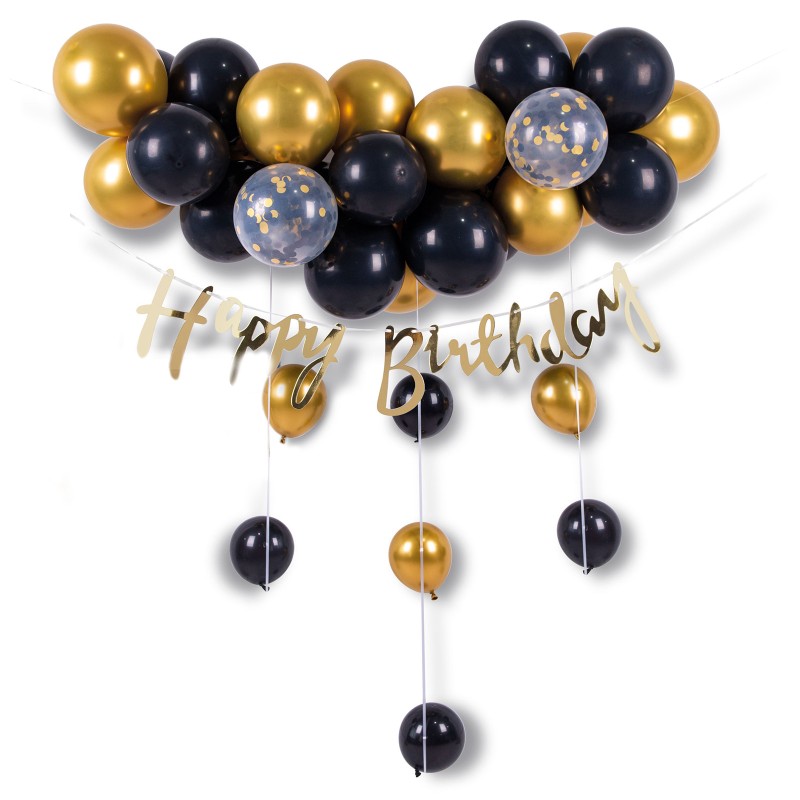 Zestaw czarnych złotych balonów baner Happy Birthday