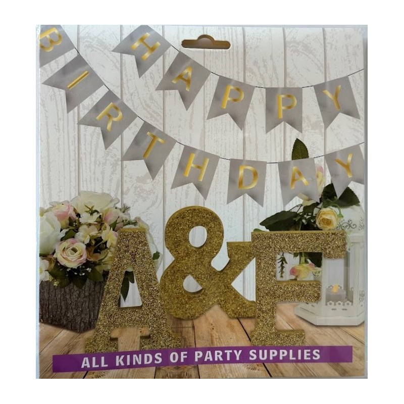 Girlanda Happy Birthday napis srebrna złote litery
