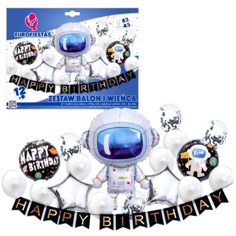 Zestaw KOSMOSMICZNE URODZINY girlanda happy birthday BALONY Astronauta KOSMOS 12 szt