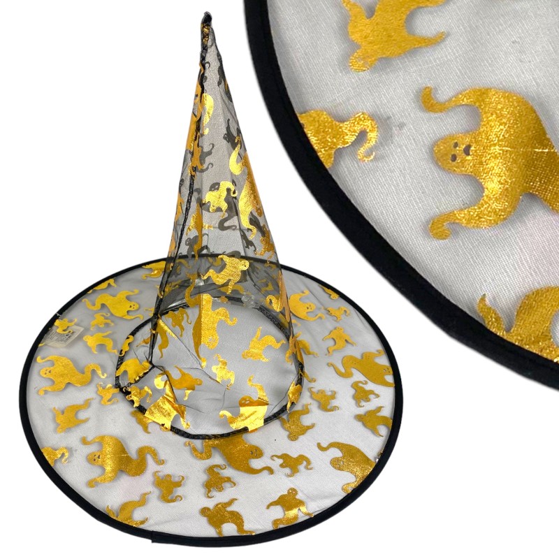 Kapelusz Czarownica Wiedźma Halloween ZŁOTY PRZEŹROCZEK