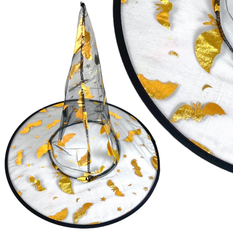 Kapelusz Czarownica Wiedźma Halloween ZŁOTY PRZEŹROCZEK