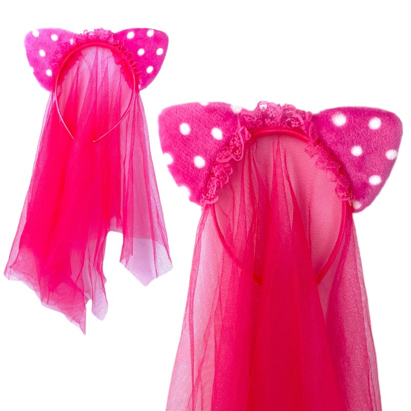 Opaska welon kocie uszy koronka różowy toul