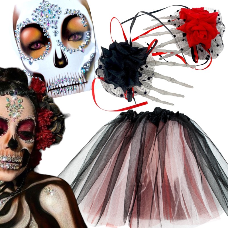 Strój LA CATRINA KOŚCIOTRUP Kryształki HALLOWEEN TUTU