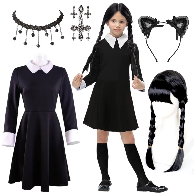 Sukienka Wednesday Addams Strój Cosplay Peruka Akcesoria