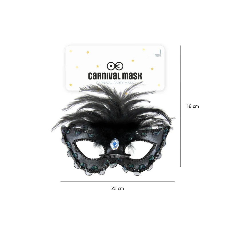 Maska karnawałowa Diament z piórami czarna 18x15cm