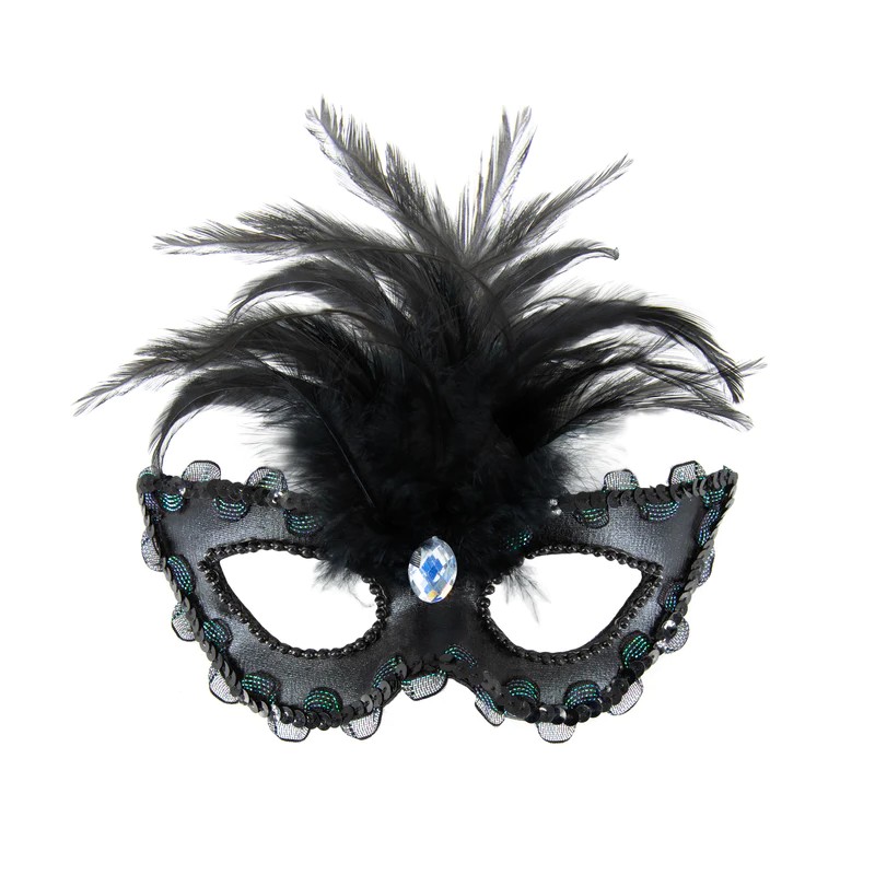 Maska karnawałowa Diament z piórami czarna 18x15cm