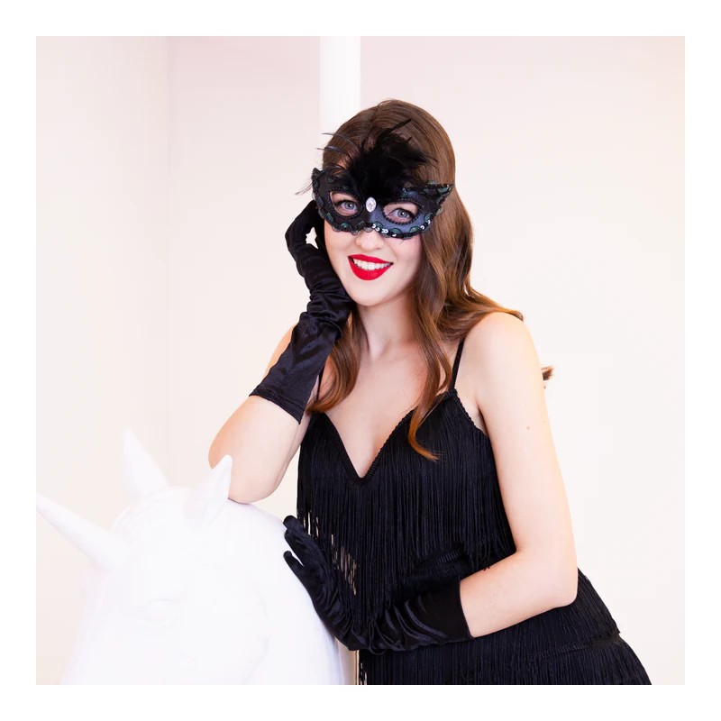 Maska karnawałowa Diament z piórami czarna 18x15cm