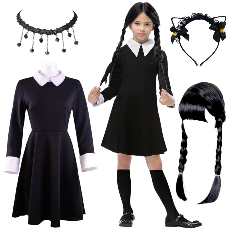 Sukienka Wednesday Addams Strój Cosplay Peruka Akcesoria