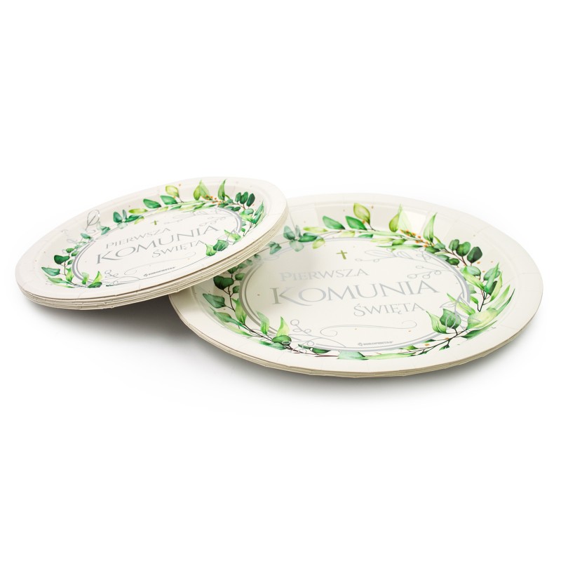 IHS Papierowy talerzyk 18cm 8szt. Pierwsza Komunia liście
