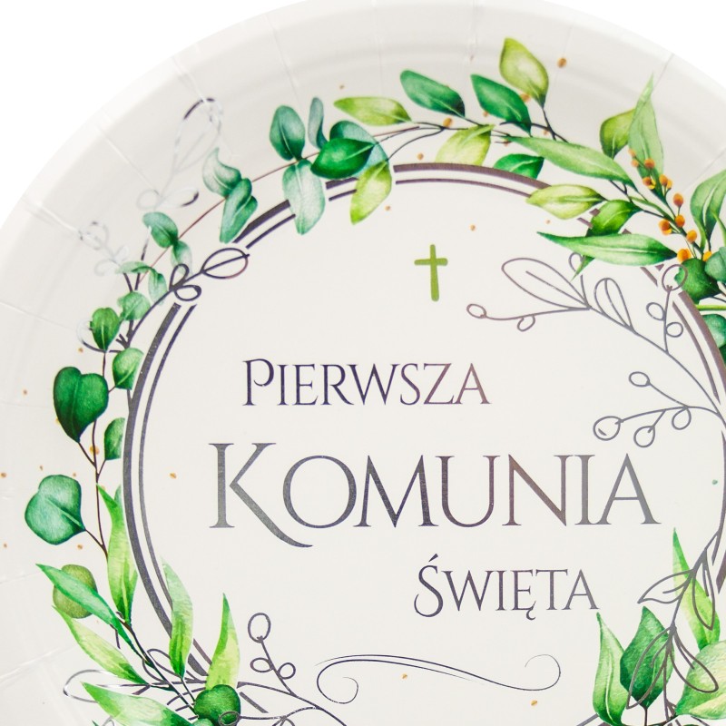 IHS Papierowy talerzyk 23cm 6szt. Pierwsza Komunia liście