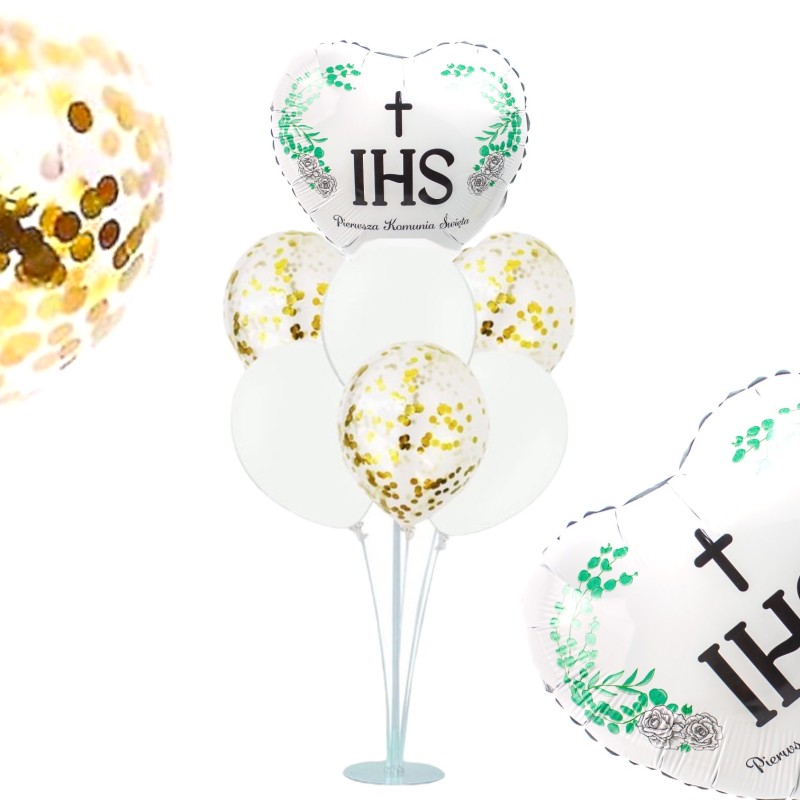 Stojak z balonami balony Komunia Święta serce IHS