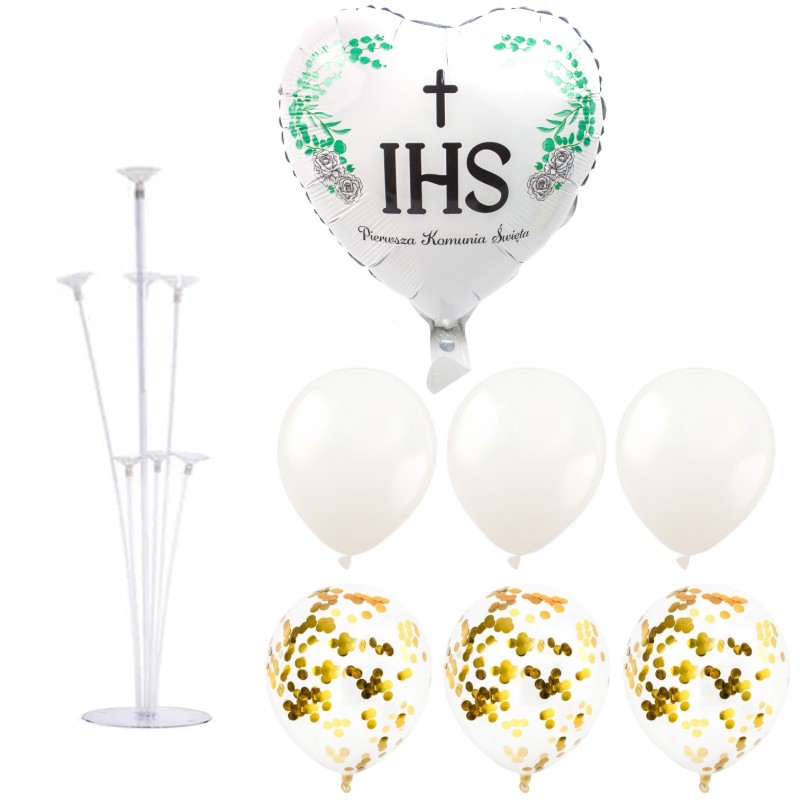 Stojak z balonami balony Komunia Święta serce IHS