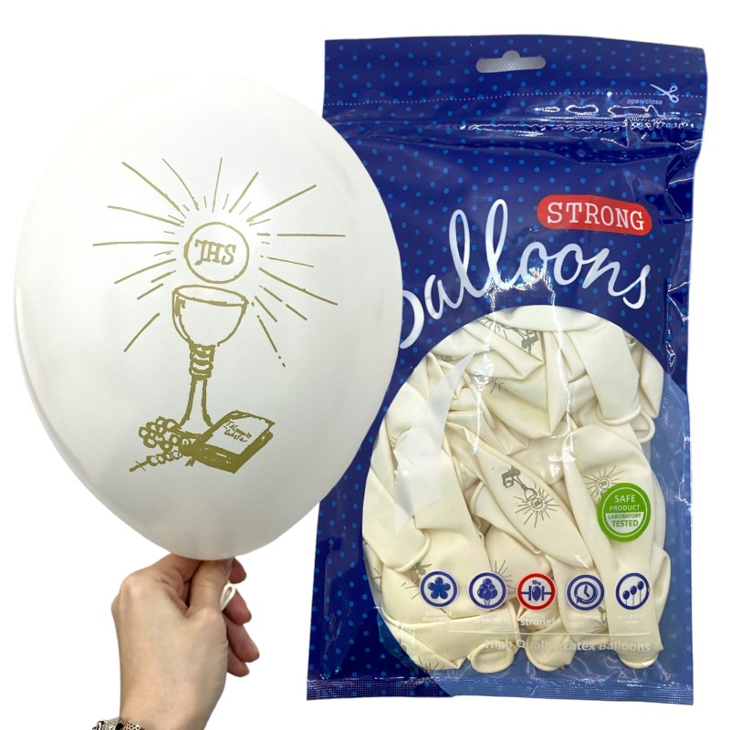 Balony komunijne Komunia ze złotym napisem IHS 27 cm pack 50 szt.