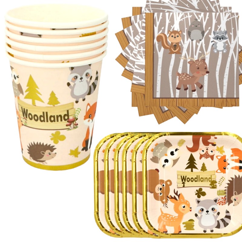 Zestaw imprezowy kubeczki talerzyki serwetki Woodland Las zwierzęta leśne