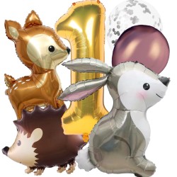 Zestaw balonów na urodziny Woodland cyfra 100cm zwierzęta leśne jeż Zając sarenka