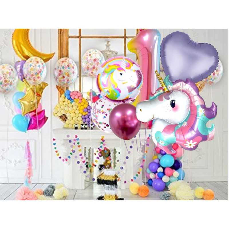 Zestaw balonów urodzinowych cyfra 80cm Jednorożec