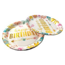 Talerzyki papierowe 10 szt. Happy Birthday 18cm Boho kwiatki