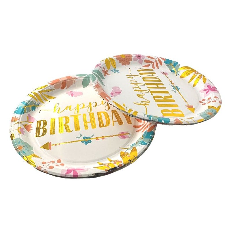 Talerzyki papierowe 10 szt. Happy Birthday 18cm Boho kwiatki