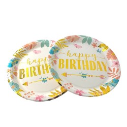 Talerzyki papierowe 10 szt. Happy Birthday 23cm Boho kwiatki