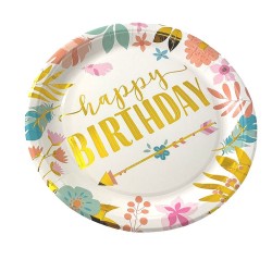 Talerzyki papierowe 10 szt. Happy Birthday 23cm Boho kwiatki