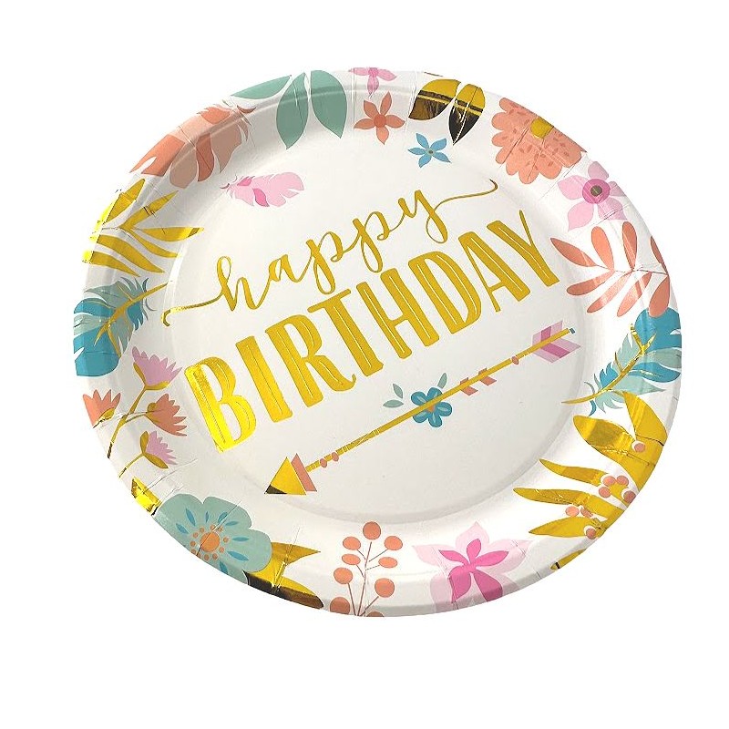 Talerzyki papierowe 10 szt. Happy Birthday 23cm Boho kwiatki