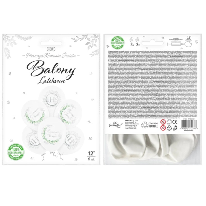 IHS Balony komunijne biodegradowalne Eukaliptus srebrny 12cali 6szt