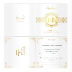 IHS Zaproszenie na komunię biało-złote Pierwsza Komunia Święta
