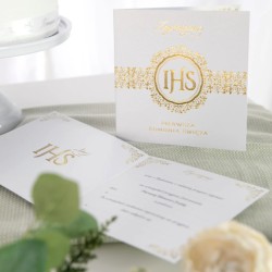 IHS Zaproszenie na komunię biało-złote Pierwsza Komunia Święta