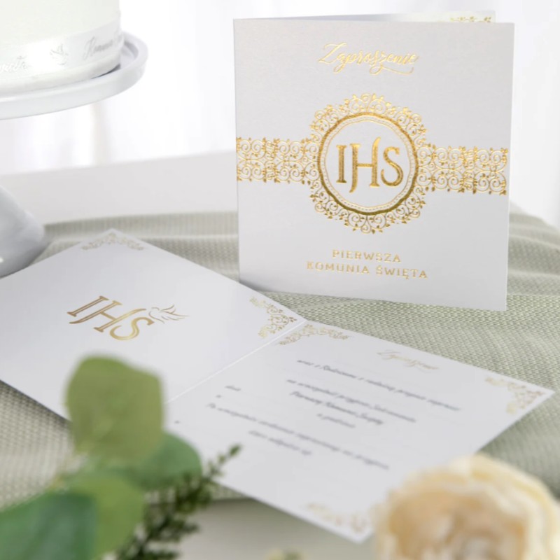 IHS Zaproszenie na komunię biało-złote Pierwsza Komunia Święta