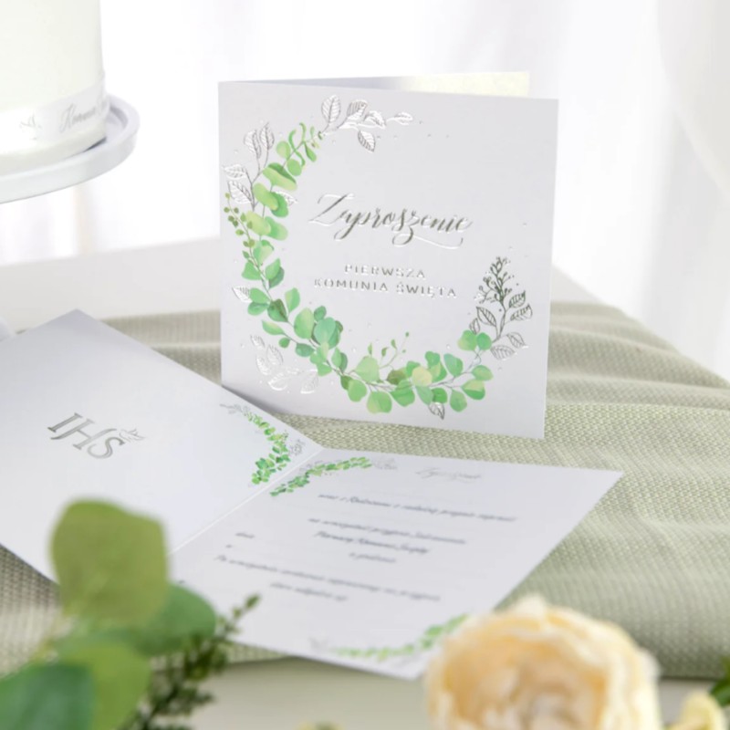 IHS Zaproszenie na komunię Eukaliptus srebrny Pierwsza Komunia Święta