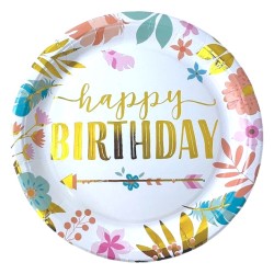 Talerzyki papierowe 10 szt. Happy Birthday 23cm Boho kwiatki