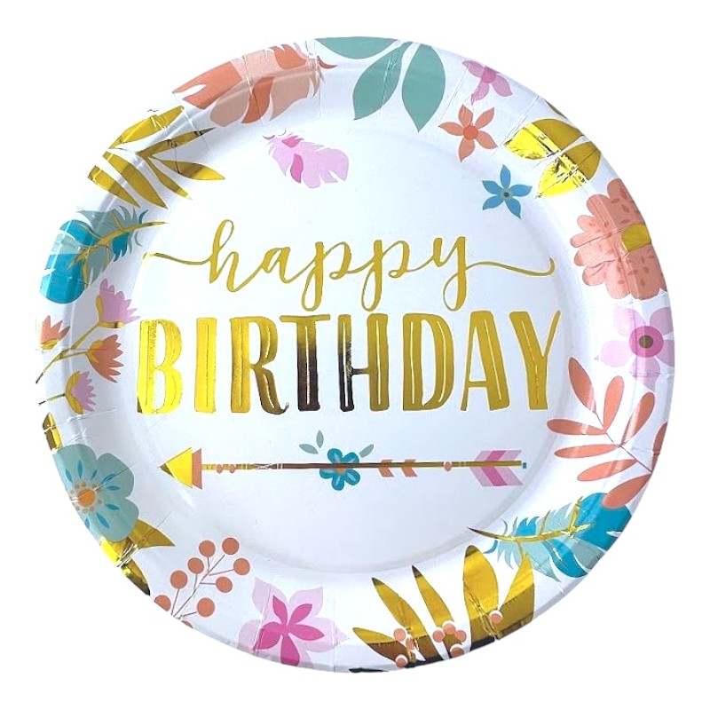 Talerzyki papierowe 10 szt. Happy Birthday 23cm Boho kwiatki
