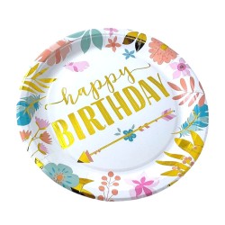 Talerzyki papierowe 10 szt. Happy Birthday 23cm Boho kwiatki