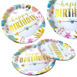 Talerzyki papierowe 10 szt. Happy Birthday 23cm Boho kwiatki