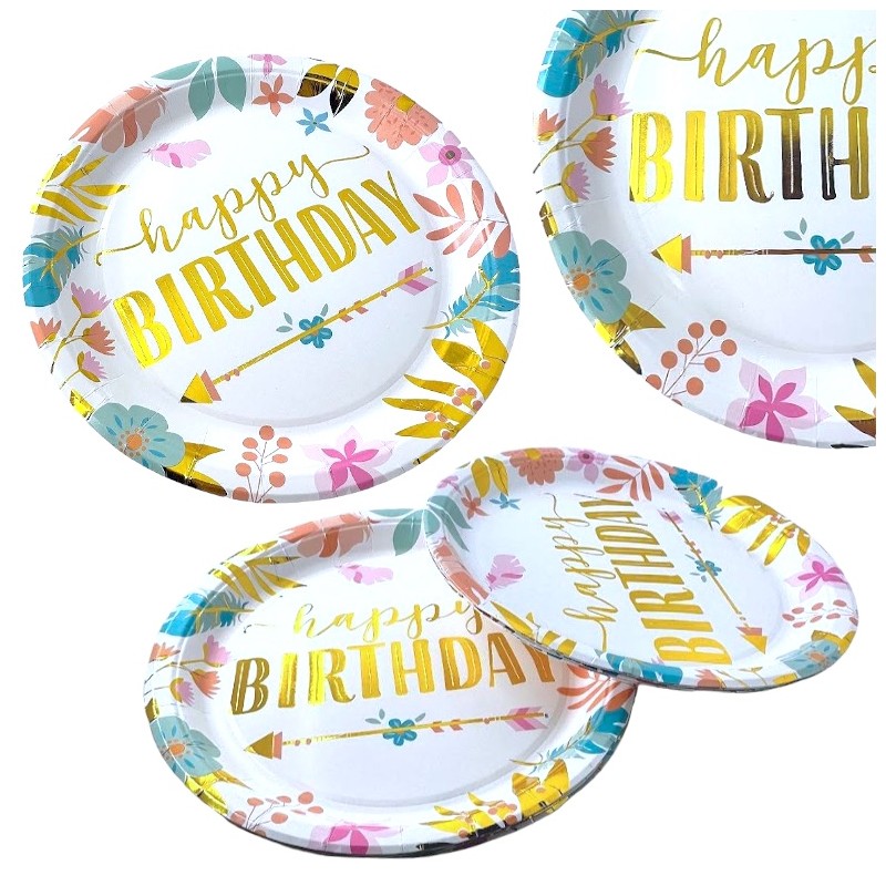 Talerzyki papierowe 10 szt. Happy Birthday 23cm Boho kwiatki