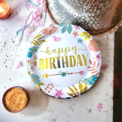 Talerzyki papierowe 10 szt. Happy Birthday 23cm Boho kwiatki