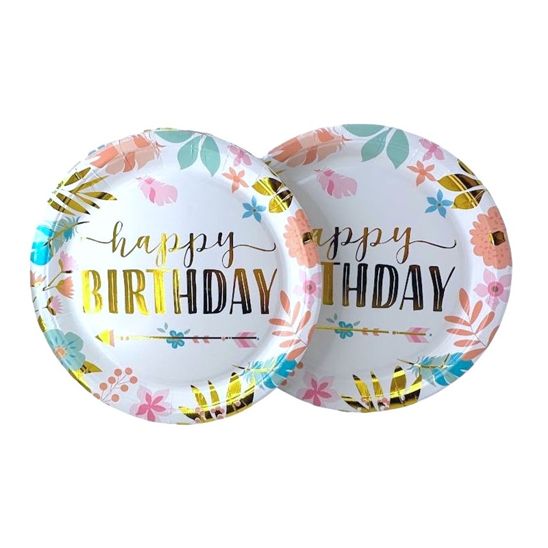 Talerzyki papierowe 10 szt. Happy Birthday 23cm Boho kwiatki
