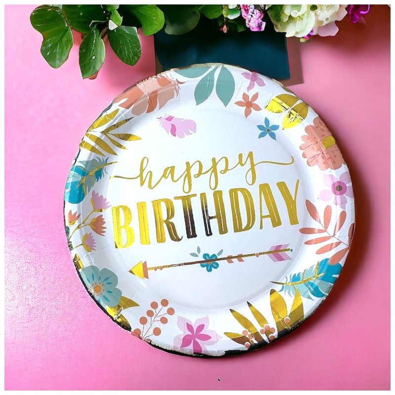 Talerzyki papierowe 10 szt. Happy Birthday 23cm Boho kwiatki
