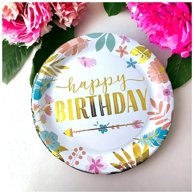 Talerzyki papierowe 10 szt. Happy Birthday 23cm Boho kwiatki