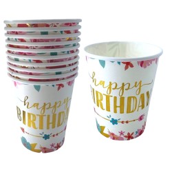 Kubeczki papierowe 10 szt. Happy  Birthday Boho kwiatki