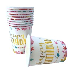 Zestaw kubeczki i talerzyki kwiatki boho złote Happy birthday