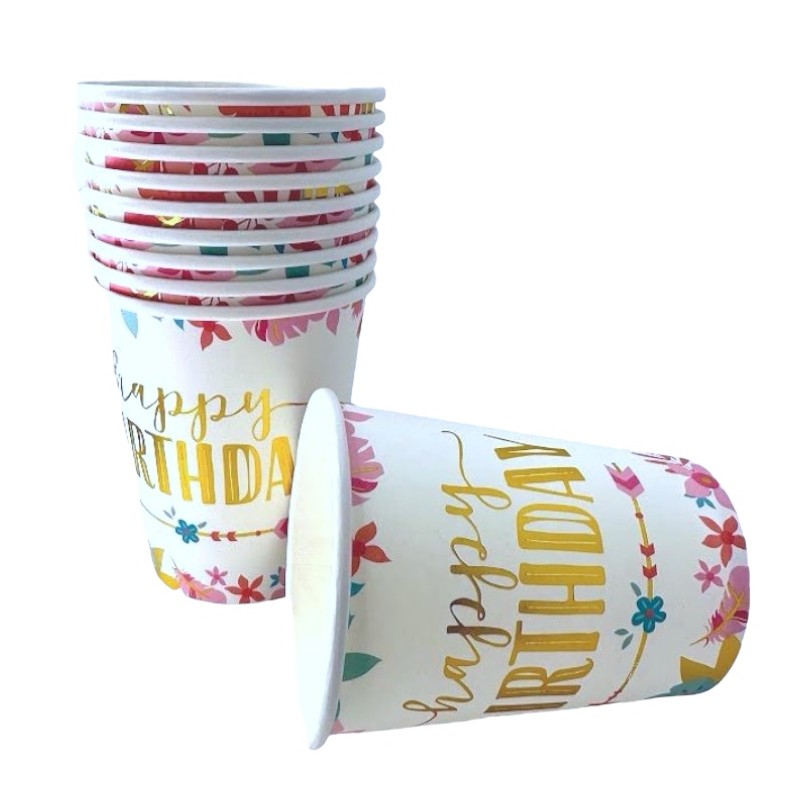 Zestaw kubeczki i talerzyki kwiatki boho złote Happy birthday